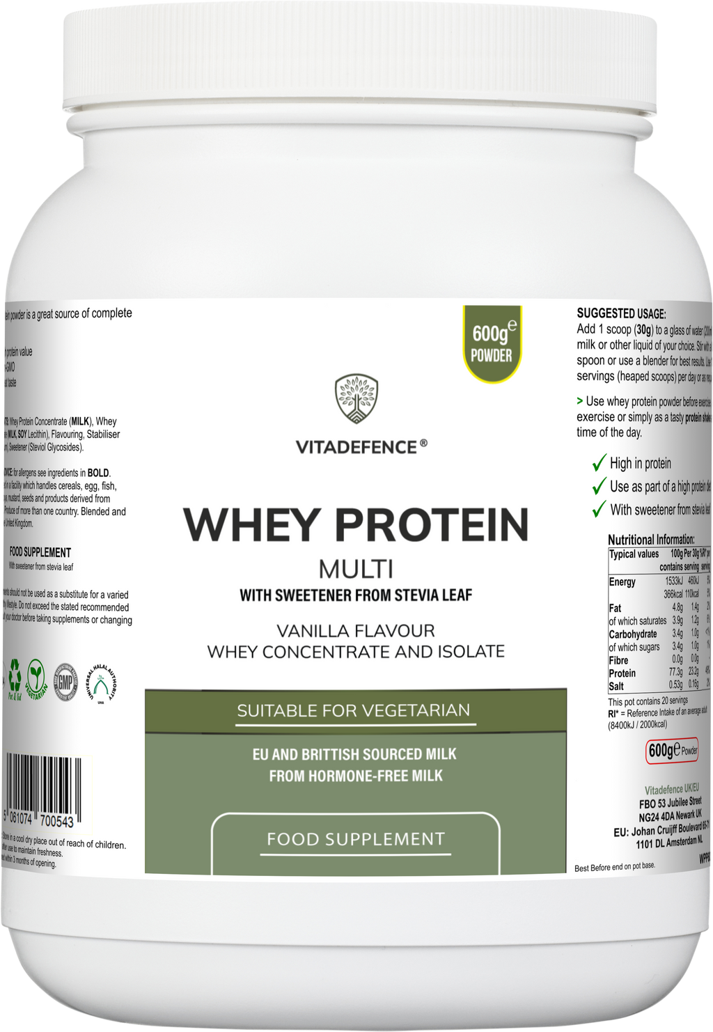 Proteína de Suero Multi | Polvo de Proteína con Sabor a Vainilla con Stevia – 600 g