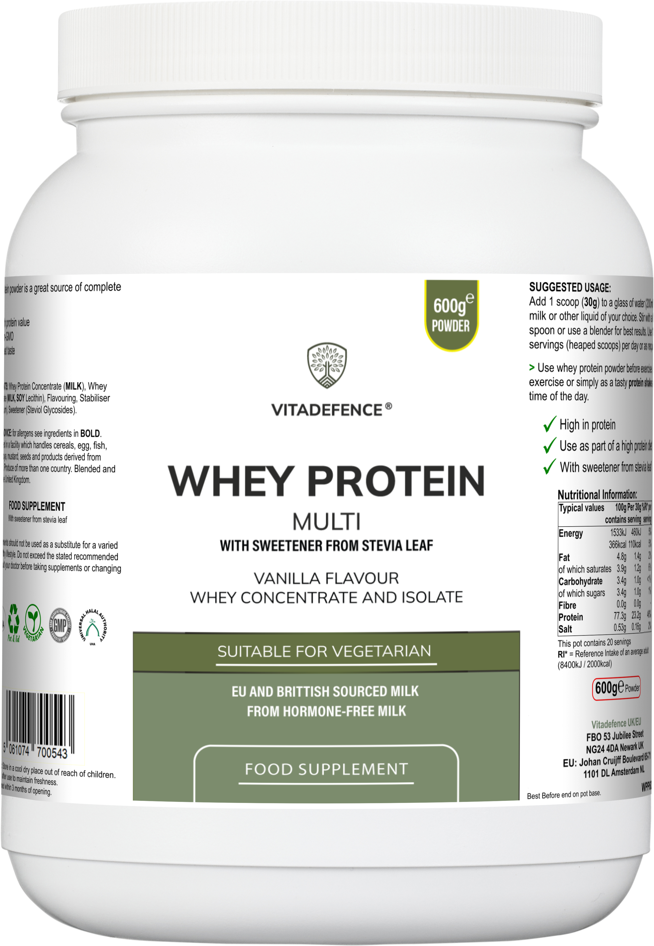 Proteína de Suero Multi | Polvo de Proteína con Sabor a Vainilla con Stevia – 600 g