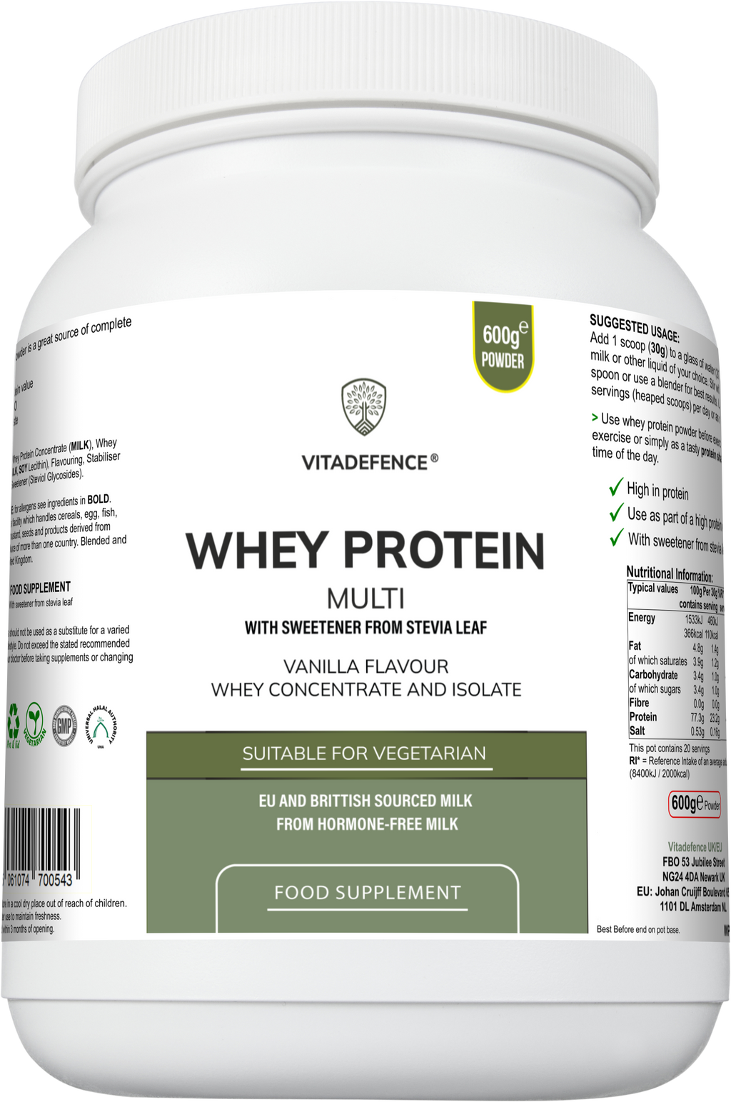 Proteína de Suero Multi | Polvo de Proteína con Sabor a Vainilla con Stevia – 600 g