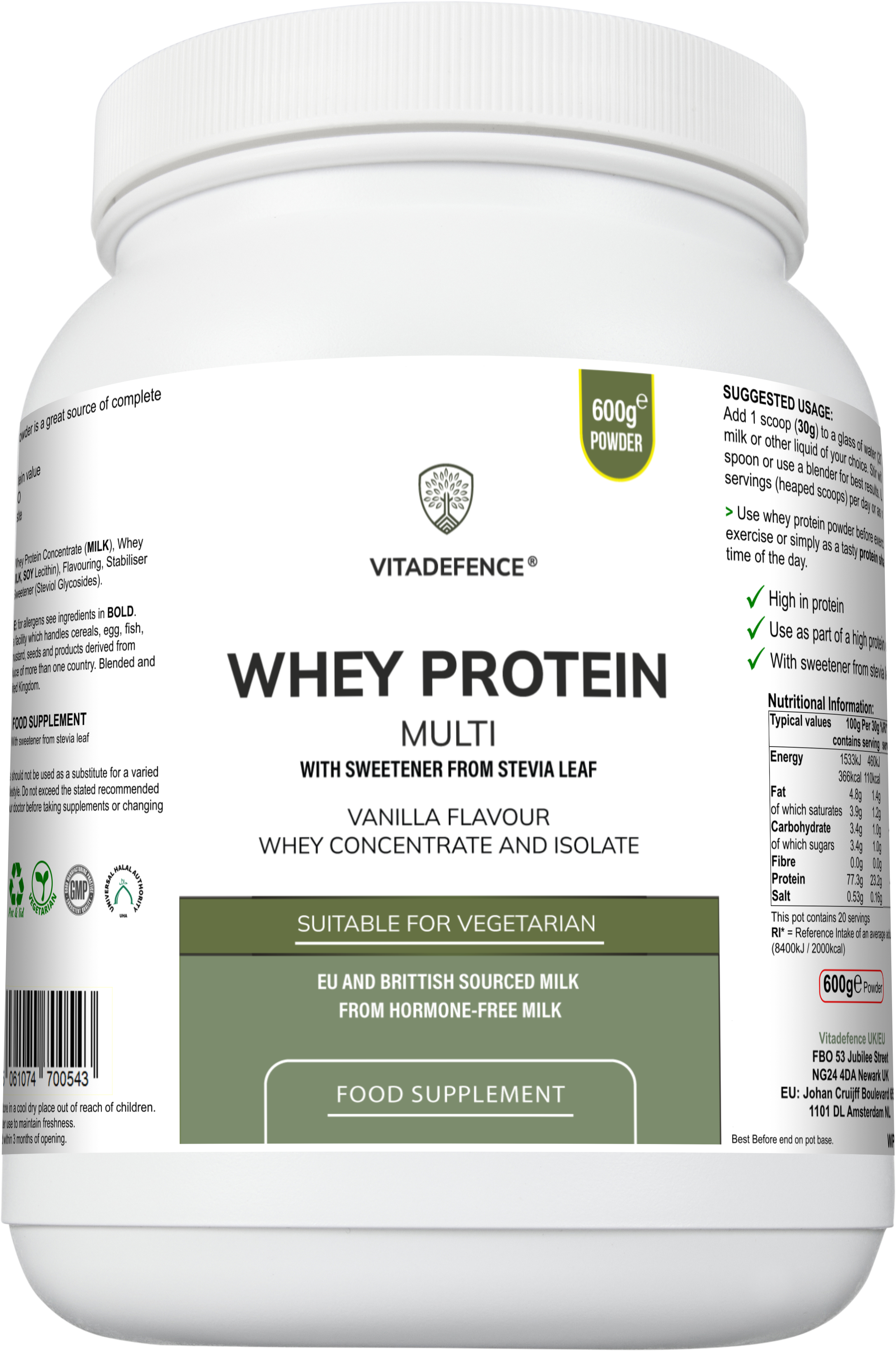 Proteína de Suero Multi | Polvo de Proteína con Sabor a Vainilla con Stevia – 600 g